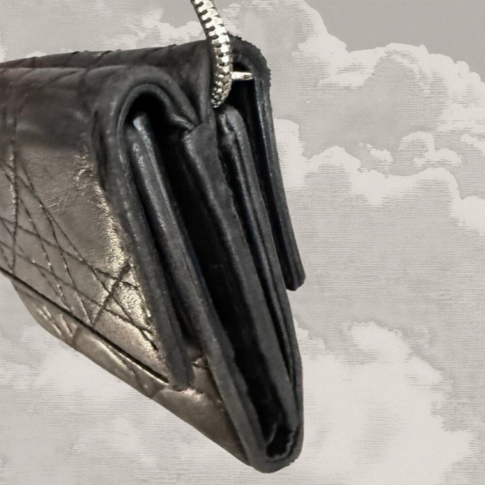 CHRISTIAN DIOR Cannage Wallet & silver Logo Charm Black Leather FREE CHAIN - Picture 6 of 15